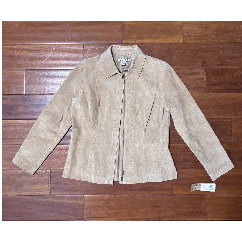 NWT Vintage AMI Suede Leather Zip Up Jacket, Tan‎ Beige 90s Style, Size PL